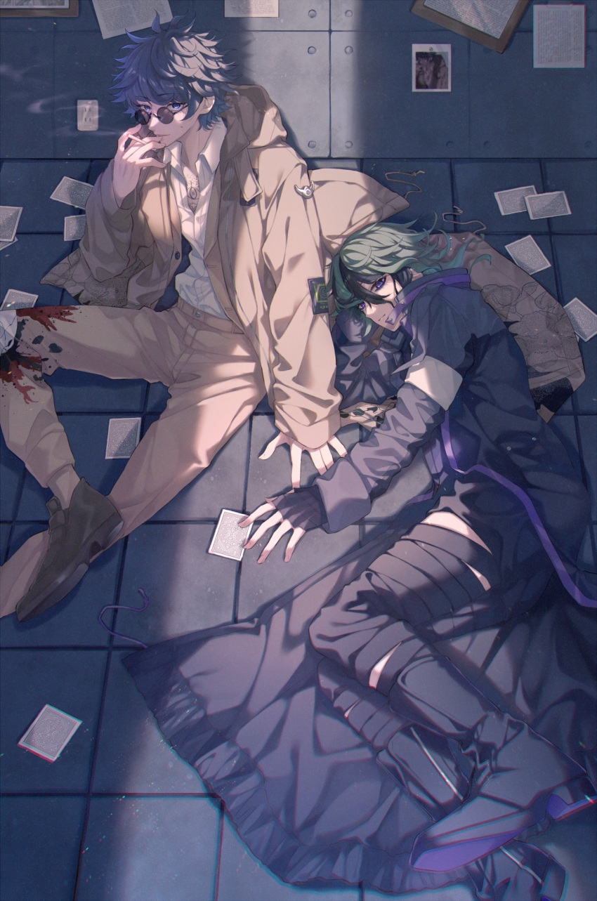 2boys absurdres bandaged_leg bandages black_hair blue_eyes blue_hair chest_tattoo cigarette closed_mouth coat collared_shirt eyeliner from_above full_body glasses green_hair hair_between_eyes highres holding holding_cigarette indoors long_sleeves looking_at_viewer lying makeup male_focus master_detective_archives:_rain_code multicolored_hair multiple_boys on_floor on_side open_mouth pants photo_(object) purple_eyeliner round_eyewear shirt short_hair sitting smile smoke smoking sofuto streaked_hair tattoo tinted_eyewear violet_eyes vivia_twilight white_shirt yakou_furio yellow_coat yellow_pants