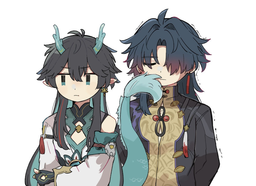 2boys ahoge arm_behind_back black_hair black_sleeves blade_(honkai:_star_rail) chest_sarashi chinese_clothes closed_eyes closed_mouth colored_inner_hair dan_heng_(honkai:_star_rail) dan_heng_(imbibitor_lunae)_(honkai:_star_rail) dragon_boy dragon_horns dragon_tail earrings fingerless_gloves gloves green_eyes green_horns hair_over_one_eye hand_on_own_arm honkai:_star_rail honkai_(series) horns jewelry long_hair male_focus multicolored_hair multiple_boys no_nohara25 pointy_ears sarashi simple_background single_bare_shoulder single_earring tail trembling upper_body v-shaped_eyebrows white_background white_sleeves