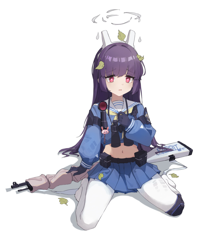1girl absurdres animal_ears belt black_gloves black_hair blue_archive blue_shirt blue_skirt blush bolt_action commentary_request fake_animal_ears ferret gloves gun hairband highres holding holding_gun holding_weapon knee_pads kunikune leaf leaf_on_head long_hair looking_at_viewer miniskirt miyu_(blue_archive) mizuha_(251572640) mosin-nagant on_head open_mouth pantyhose pouch raised_eyebrows red_eyes rifle sailor_collar shirt shoes single_knee_pad sitting skirt sneakers sniper_rifle solo wariza weapon white_background white_footwear white_pantyhose