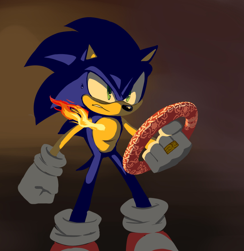 1boy animal_ears animal_nose clenched_hand commentary english_commentary fire furry furry_male gloves green_eyes highres holding jewelry male_focus ring shoes siggiedraws solo sonic_(series) sonic_and_the_secret_rings sonic_the_hedgehog standing sweat tail white_gloves world_ring