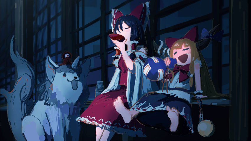 3girls :3 :d absurdres animalization arm_support barefoot black_hair blonde_hair blouse blue_skirt bow bowl bowl_hat bowtie chain closed_eyes cup detached_sleeves drinking drunk fang frilled_bow frilled_hair_tubes frilled_skirt frills gourd hair_bow hair_tubes hakurei_reimu hand_up haruaki_(onkai_planaria) hat highres holding holding_cup horn_bow horn_ornament horns ibuki_suika japanese_clothes kimono komano_aunn komano_aunn_(komainu) long_hair long_sleeves looking_at_another mini_person minigirl multiple_girls night oni oni_horns open_mouth orb outdoors outstretched_legs purple_bow red_bow red_bowtie red_skirt red_vest ribbon-trimmed_sleeves ribbon_trim sakazuki shirt shouji sidelocks single_horn sitting skirt sleeveless sleeveless_shirt sliding_doors smile sukuna_shinmyoumaru tail tokkuri tongue tongue_out touhou veranda vest white_shirt white_sleeves wide_sleeves wrist_cuffs