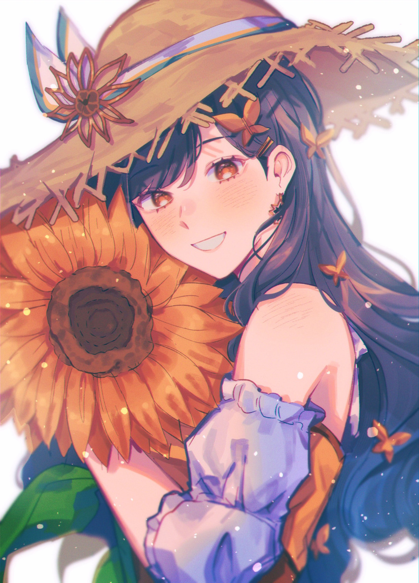 1girl absurdres bare_shoulders black_hair blue_hair butterfly_hair_ornament commentary earrings flower gradient_hair hair_ornament hat highres jewelry looking_at_viewer multicolored_hair official_alternate_costume orange_eyes orri_(iirokagi) project_sekai shiraishi_an smile solo sun_hat sunflower teeth the_vivid_old_tale_(project_sekai) two-tone_hair upper_body white_background