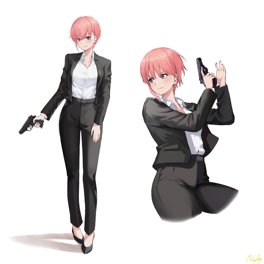 1girl absurdres arm_at_side black_footwear black_jacket black_pants collared_shirt commentary_request cowboy_shot cropped_legs full_body go-toubun_no_hanayome gun hair_between_eyes handgun high-waist_pants highres holding holding_gun holding_weapon jacket light_smile looking_at_viewer multiple_views nakano_ichika no_socks open_clothes open_jacket pants pink_hair ricky_(haye4843) serious shirt shirt_tucked_in shoes short_hair signature simple_background violet_eyes weapon white_background white_shirt
