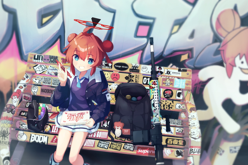 1girl absurdres ahoge bench blue_archive blue_eyes blue_necktie blue_sweater_vest blush double_bun from_above general_dynamics_lwmmg graffiti grin hair_bun halo highres holding holding_pen maki_(blue_archive) makolas97 nazomaki_(blue_archive) necktie pen pleated_skirt redhead shirt shoes short_hair sidelocks sitting skirt smile smiley_face sneakers solo sweater_vest weapon white_shirt