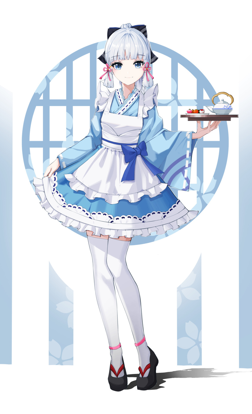 1girl absurdres alternate_costume apron black_footwear black_ribbon blue_dress blue_eyes blue_ribbon blunt_bangs closed_mouth commentary_request dress food frilled_dress frills full_body genshin_impact hair_ribbon hand_up highres holding holding_tray kamisato_ayaka long_hair long_sleeves looking_at_viewer maid marks_(dmhunsu10) ribbon sidelocks skirt_hold smile solo standing tassel teapot thigh-highs tray white_apron white_hair white_thighhighs wide_sleeves
