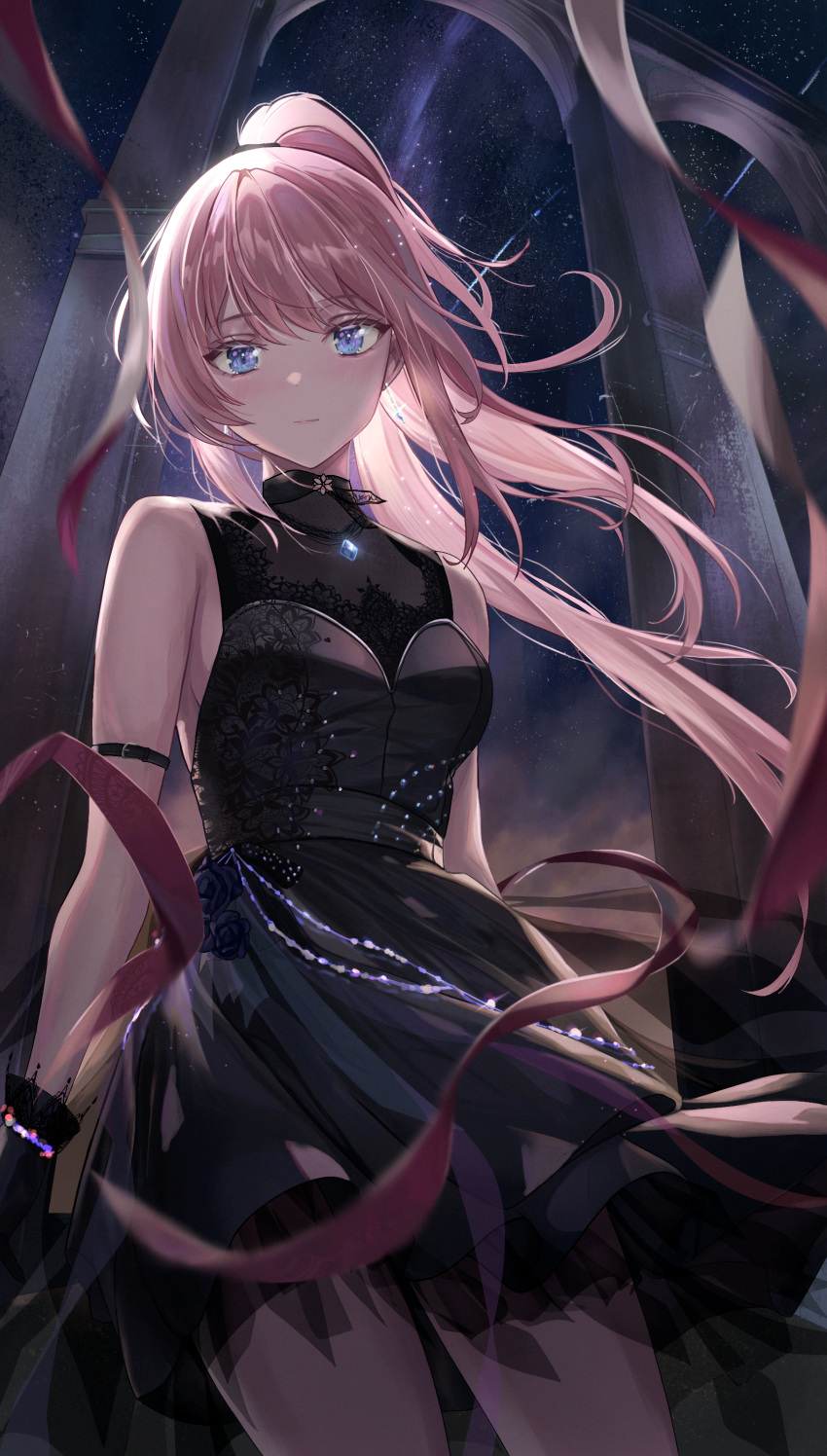 1girl absurdres arm_strap black_dress black_gloves blue_eyes blush breasts closed_mouth commentary_request dress eyelashes gloves heichanart high_ponytail highres light_smile looking_at_viewer night original outdoors pink_hair pink_ribbon ribbon sideboob sky sleeveless sleeveless_dress solo star_(sky) starry_sky