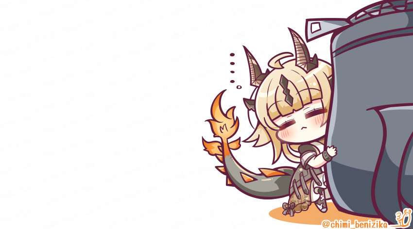 ... 1girl :&lt; absurdres ahoge arknights benizika black_jacket black_pantyhose blonde_hair blush chibi closed_eyes closed_mouth colored_shadow dragon_girl dragon_horns dragon_tail dress facing_viewer flame-tipped_tail highres horns jacket long_hair pantyhose peeking_out recruitment_bag_(arknights) reed_(arknights) shadow simple_background solo tail twitter_username white_background white_dress