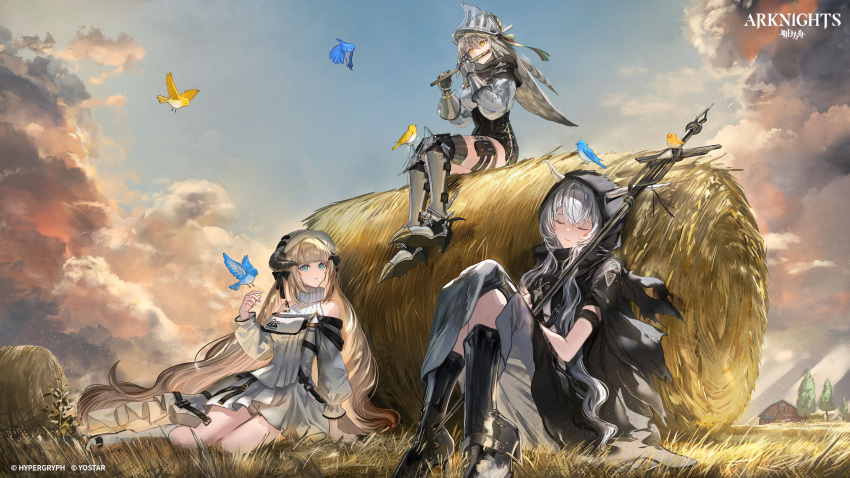 3girls absurdly_long_hair absurdres arknights armored_boots barn bird black_dress black_footwear black_skirt blonde_hair blue_bird blue_eyes blue_sky boots closed_eyes clothing_cutout clouds cloudy_sky commentary company_name copyright_name dated_commentary demon_girl demon_horns dress english_commentary evening fartooth_(arknights) feather_hair field flute gauntlets gawako grey_hair hair_between_eyes hand_up hay_bale highres holding holding_staff hood hood_up horns horns_through_headwear instrument long_hair long_sleeves looking_at_another multiple_girls music nightingale_(arknights) official_art outdoors playing_flute playing_instrument scenery shining_(arknights) shirt short_sleeves shoulder_cutout sidelocks sitting skirt sky smile staff thigh_pouch thighs tree very_long_hair visor_(armor) visor_lift white_dress white_shirt yellow_bird yellow_eyes