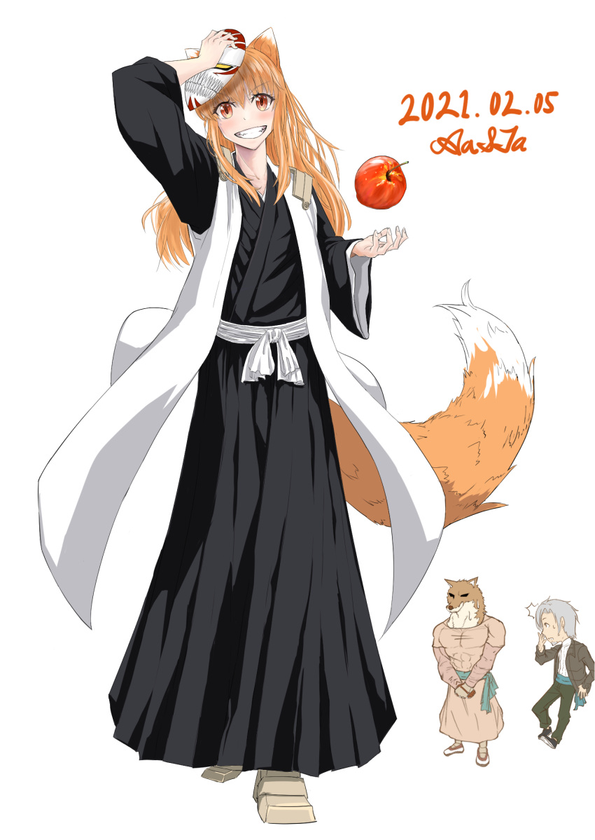 1girl 2boys aasta_98 animal_ears apple artist_name black_kimono bleach brown_hair craft_lawrence dated food fruit full_body furry grey_hair grin haori highres holo japanese_clothes kimono komamura_sajin mask mask_removed multiple_boys muscular orange_eyes smile spice_and_wolf taichou_haori tail white_background wide_sleeves wolf_ears wolf_tail