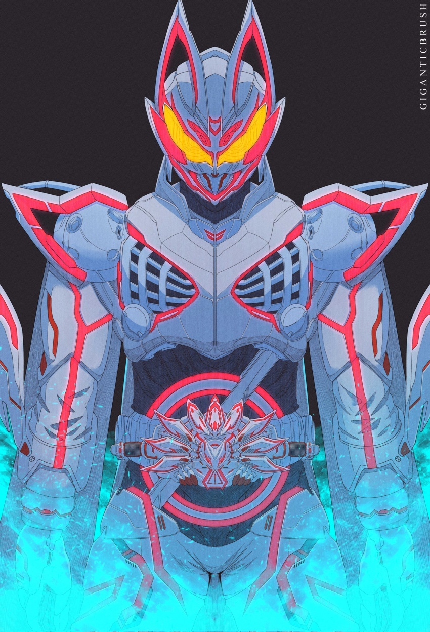 1boy adapted_costume armor black_background blue_fire boost_mark_ix_buckle cape commentary desire_driver driver_(kamen_rider) fire fox_mask full_body geats_buster_qb9 giganticbrush gunblade highres holding holding_weapon kamen_rider kamen_rider_geats kamen_rider_geats_(series) kamen_rider_geats_ix male_focus mask simple_background solo tokusatsu weapon yellow_eyes