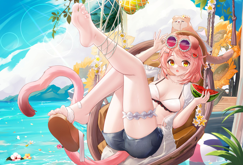 1girl absurdres arknights barefoot blue_sky cat_tail eyewear_on_head feet food food-themed_hair_ornament fruit goldenglow_(arknights) goldenglow_(summer_flowers)_(arknights) hair_ornament highres jndfh looking_at_viewer ocean pink_hair sandals shorts single_barefoot sky soles swimsuit tail toes watermelon watermelon_hair_ornament
