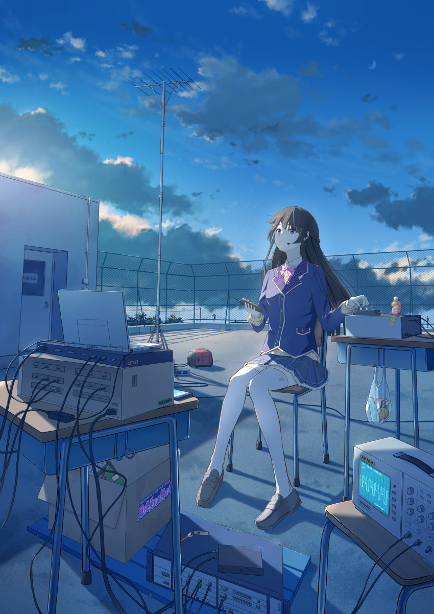 1girl absurdres antennae anyotete blazer blue_skirt blue_sky box brown_hair cable cardboard_box chair clouds controller earphones highres holding holding_remote_control jacket long_hair nijisanji on_roof outdoors pleated_skirt remote_control school_uniform sitting skirt sky thigh-highs tsukino_mito violet_eyes virtual_youtuber white_thighhighs