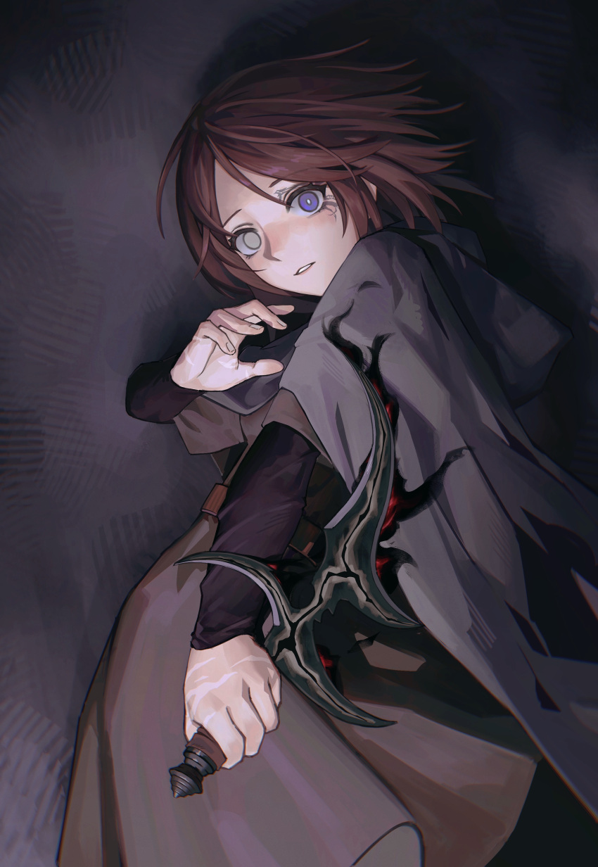 1girl absurdres brown_hair brown_skirt cape cowboy_shot elden_ring english_commentary grey_cape grey_eyes hand_up highres holding holding_knife kirsen knife long_sleeves looking_at_viewer melina_(elden_ring) parted_lips short_hair skirt solo violet_eyes