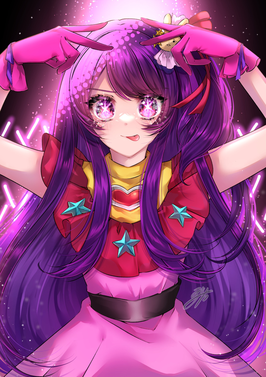 1girl absurdres arms_up belt closed_mouth commentary dress floating_hair gloves glowstick hair_ornament heart highres hoshino_ai's_pose hoshino_ai_(oshi_no_ko) light_particles long_hair looking_at_viewer oshi_no_ko penlight_(glowstick) pink_dress pink_gloves purple_hair rabbit_hair_ornament sidelocks sleeveless sleeveless_dress smile solo stage_lights star_(symbol) star_in_eye stippling_(texture) symbol_in_eye tongue tongue_out upper_body very_long_hair violet_eyes yuzuca_(trickster4594)