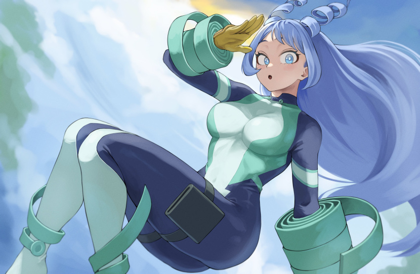1girl :o absurdres blue_bodysuit blue_eyes blue_hair bodysuit boku_no_hero_academia day drill_hair fengling_(furin-jp) floating gloves green_bodysuit hadou_nejire hair_horns hand_up highres knees_up long_hair looking_at_viewer midair multicolored_bodysuit multicolored_clothes outdoors skin_tight solo superhero twin_drills very_long_hair yellow_gloves