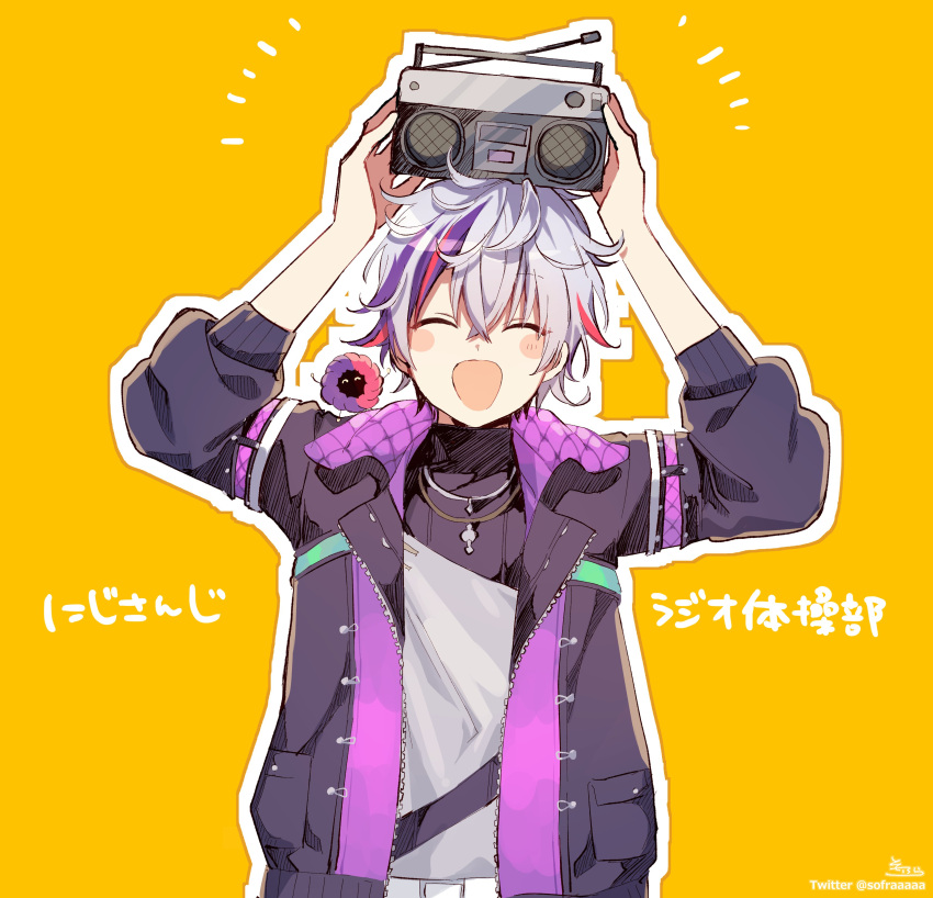 1boy :d ^_^ absurdres arms_up black_jacket blush_stickers closed_eyes commentary_request facing_viewer fuwa_minato grey_hair hair_between_eyes highres holding jacket long_sleeves male_focus multicolored_hair nijisanji open_clothes open_jacket orange_background outline puffy_long_sleeves puffy_sleeves purple_hair redhead shirt signature simple_background smile sofra solo stereo streaked_hair translation_request twitter_username upper_body virtual_youtuber white_outline white_shirt