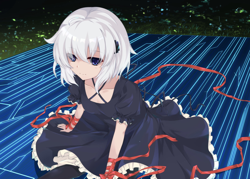 1girl arm_at_side arm_ribbon black_dress blue_eyes bow closed_mouth collarbone commentary_request criss-cross_halter dress eyelashes eyes_visible_through_hair frilled_dress frilled_sleeves frills grass grey_hair hair_between_eyes halterneck highres kagari_(rewrite) leaning_forward long_ribbon looking_at_viewer mtmosphere night outdoors puffy_short_sleeves puffy_sleeves red_bow red_ribbon rewrite ribbon short_hair short_sleeves sitting smile solo wrist_bow