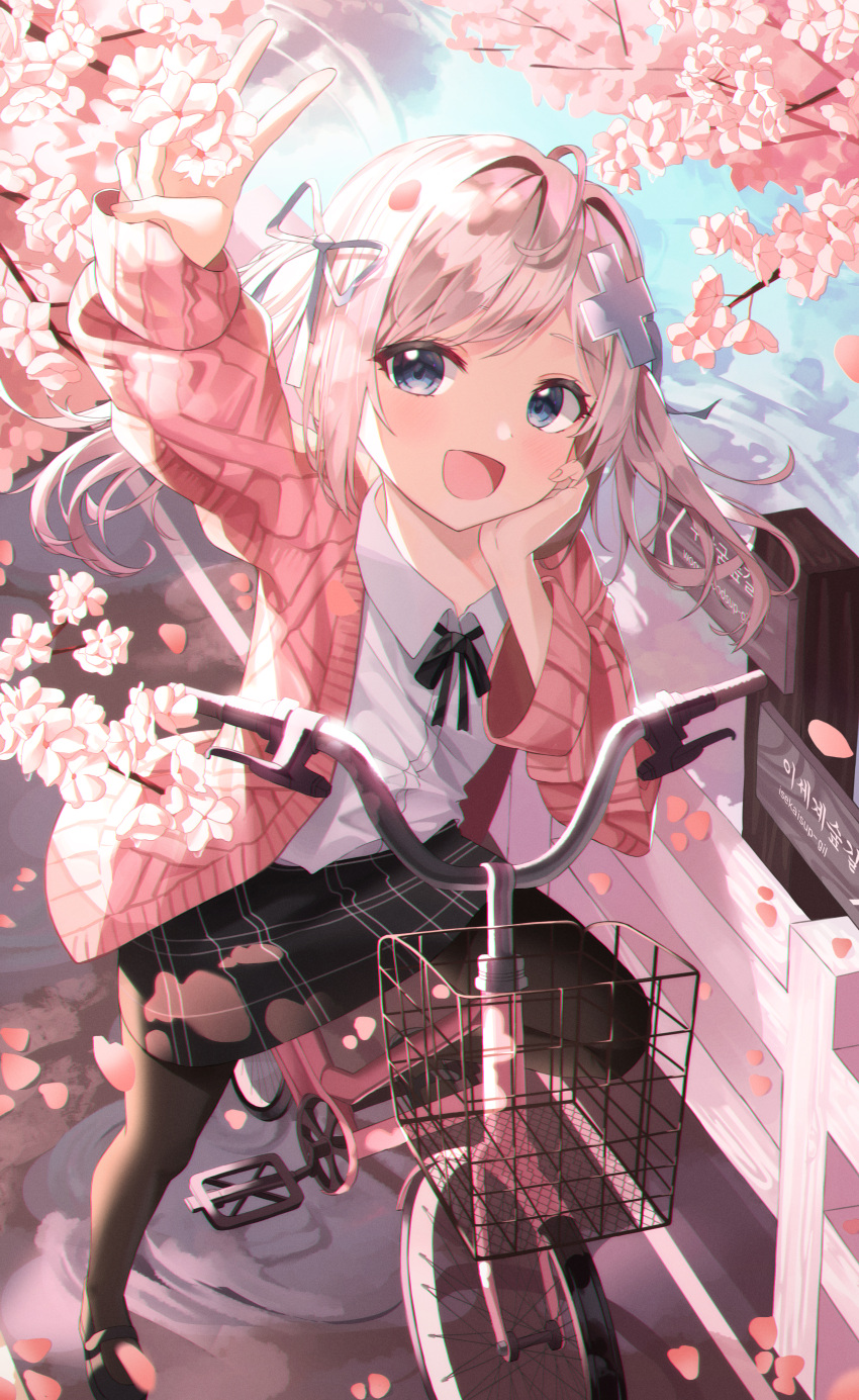 1girl absurdres ahoge arm_up bicycle black_pantyhose black_ribbon black_skirt blue_eyes blush cherry_blossoms collared_shirt commentary day facial_hair gosegu grey_hair hair_ornament hair_ribbon hand_on_own_cheek hand_on_own_face highres jacket k.j. long_hair long_sleeves looking_ahead neck_ribbon open_clothes open_jacket open_mouth outdoors pantyhose pink_jacket plaid plaid_skirt ribbon shirt skirt sleeves_past_wrists smile solo twintails v virtual_youtuber waktaverse white_ribbon white_shirt x_hair_ornament