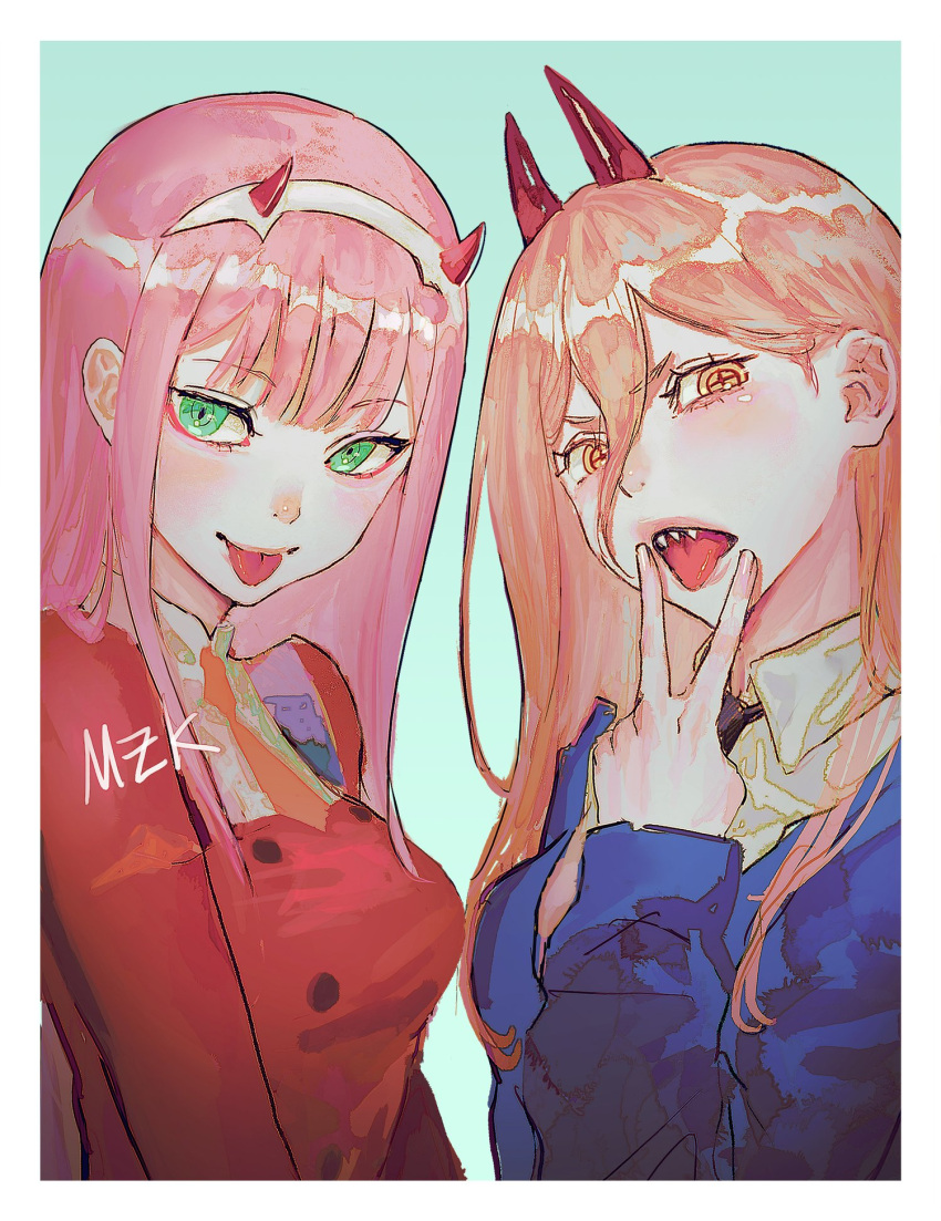 2girls artist_name black_necktie blue_hoodie border breasts brown_hair chainsaw_man collared_shirt cross-shaped_pupils darling_in_the_franxx green_background green_eyes hair_between_eyes hairband highres hood hoodie horns long_hair looking_at_viewer medium_breasts multiple_girls necktie oni_horns open_mouth orange_necktie pink_hair power_(chainsaw_man) red_horns sharp_teeth shirt simple_background smile symbol-shaped_pupils teeth tongue tongue_out v white_border white_hairband white_shirt yellow_eyes zemzk zero_two_(darling_in_the_franxx)