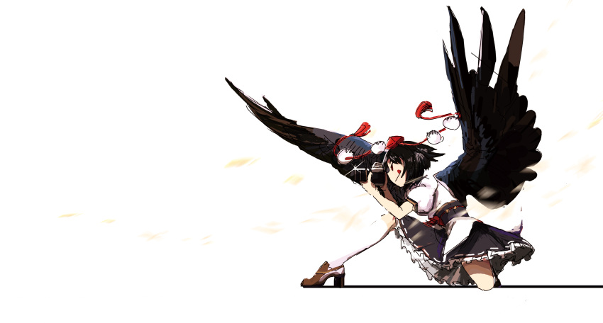 &gt;:) 1girl :q absurdres bird_wings black_hair black_skirt black_wings brown_footwear camera frilled_skirt frills from_side full_body glint hands_up haruaki_(onkai_planaria) hat highres holding holding_camera kneehighs loafers looking_ahead on_one_knee pom_pom_(clothes) puffy_short_sleeves puffy_sleeves red_eyes red_headwear shameimaru_aya shirt shoes short_sleeves skirt socks solo taking_picture tassel tokin_hat tongue tongue_out touhou v-shaped_eyebrows white_background white_shirt white_socks wings