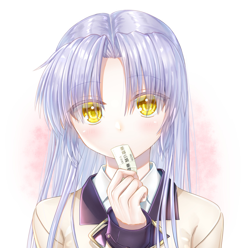 1girl absurdres angel_beats! blush commentary_request covering_mouth eyelashes eyes_visible_through_hair hair_between_eyes hand_up highres holding_ticket jacket long_hair long_sleeves looking_at_viewer parted_bangs school_uniform simple_background solo straight_hair tachibana_kanade translation_request white_background white_hair yellow_eyes yellow_jacket zuzuhashi