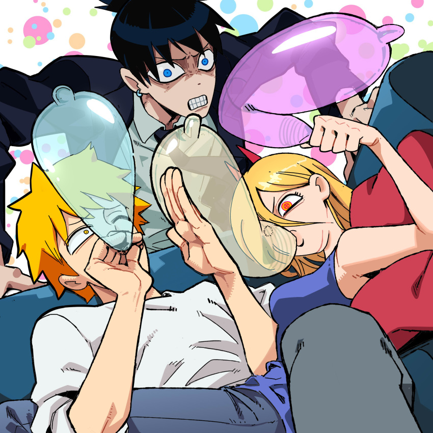 1girl 2boys absurdres aisendraw annoyed black_hair black_jacket black_necktie blonde_hair blue_eyes blue_tank_top chainsaw_man clenched_teeth collared_shirt comedy condom condom_balloon condom_in_mouth cross-shaped_pupils denji_(chainsaw_man) frustrated hair_between_eyes hayakawa_aki highres jacket long_hair looking_at_another looking_at_viewer mouth_hold multiple_boys necktie parted_lips power_(chainsaw_man) shirt short_hair suit suit_jacket symbol-shaped_pupils tank_top teeth topknot white_shirt yellow_eyes