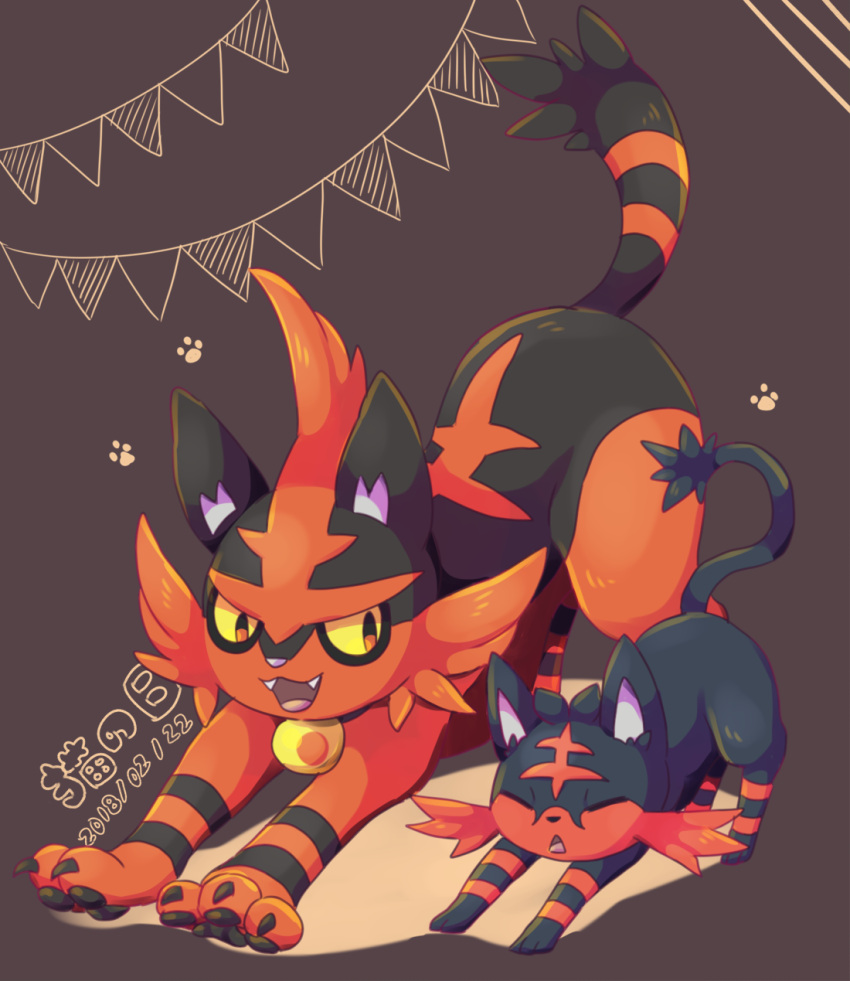 brown_background closed_eyes colored_sclera dated full_body highres kechon-san litten no_humans open_mouth pokemon pokemon_(creature) stretching torracat yellow_sclera