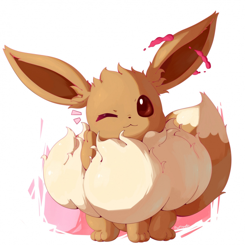 eevee full_body gigantamax gigantamax_eevee highres looking_at_viewer nevedoodle no_humans one_eye_closed pokemon pokemon_(creature) simple_background solo white_background