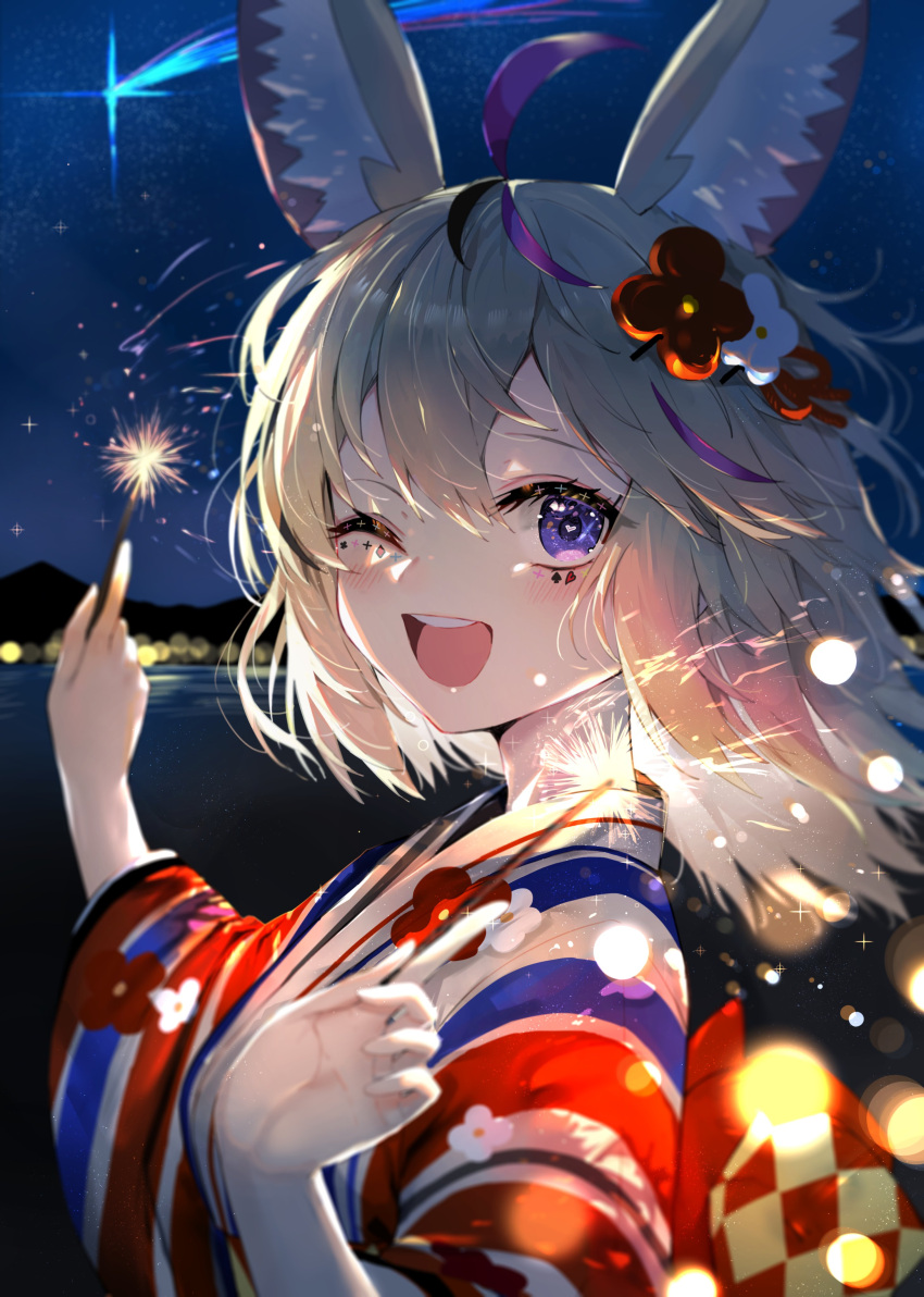 1girl ;d absurdres ahoge alternate_costume animal_ear_fluff animal_ears black_hair blonde_hair blurry blush bokeh commentary depth_of_field eyelashes facepaint fireworks flower fox_ears fox_girl hair_flower hair_ornament heart heart-shaped_pupils highres holding_fireworks hololive japanese_clothes kimono kou_mashiro long_hair looking_at_viewer makeup mascara multicolored_clothes multicolored_hair multicolored_kimono night night_sky omaru_polka one_eye_closed open_mouth outdoors pink_hair shooting_star sky smile solo sparkler striped striped_kimono symbol-only_commentary symbol-shaped_pupils upper_body vertical-striped_kimono vertical_stripes violet_eyes virtual_youtuber