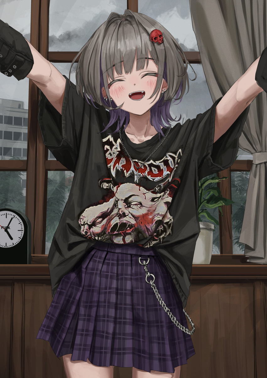 1girl absurdres black_shirt copyright_request curtains ear_piercing grey_hair hair_ornament highres nadegata open_mouth original outstretched_arms overcast piercing plaid plaid_skirt plant potted_plant purple_skirt shirt short_hair short_sleeves skirt skull_hair_ornament sky smile solo window