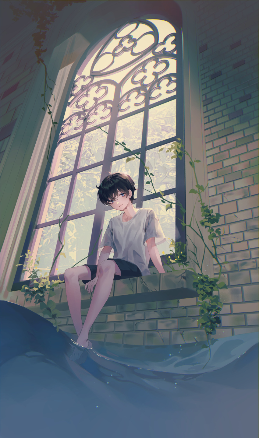 1boy absurdres barefoot black_pants blue_eyes brick_wall child commentary highres indoors looking_at_viewer male_child male_focus original pants plant ramingbera shirt short_hair sitting soaking_feet solo vines water white_shirt window