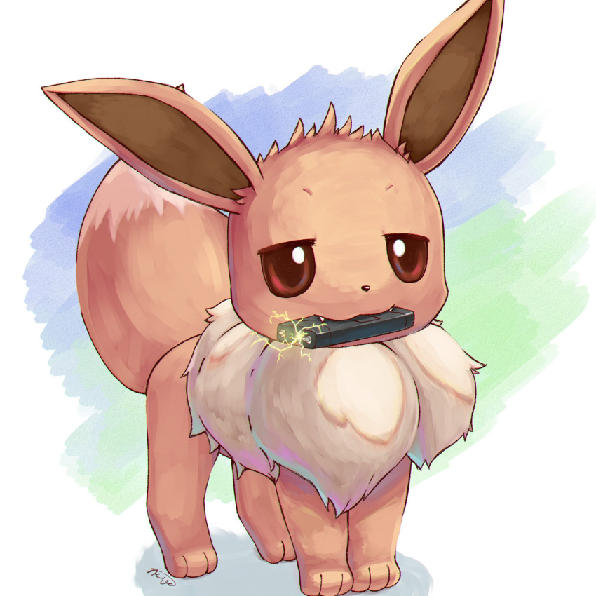eevee highres holding holding_weapon looking_at_viewer nevedoodle no_humans pokemon pokemon_(creature) simple_background solo taser weapon weapon_in_mouth