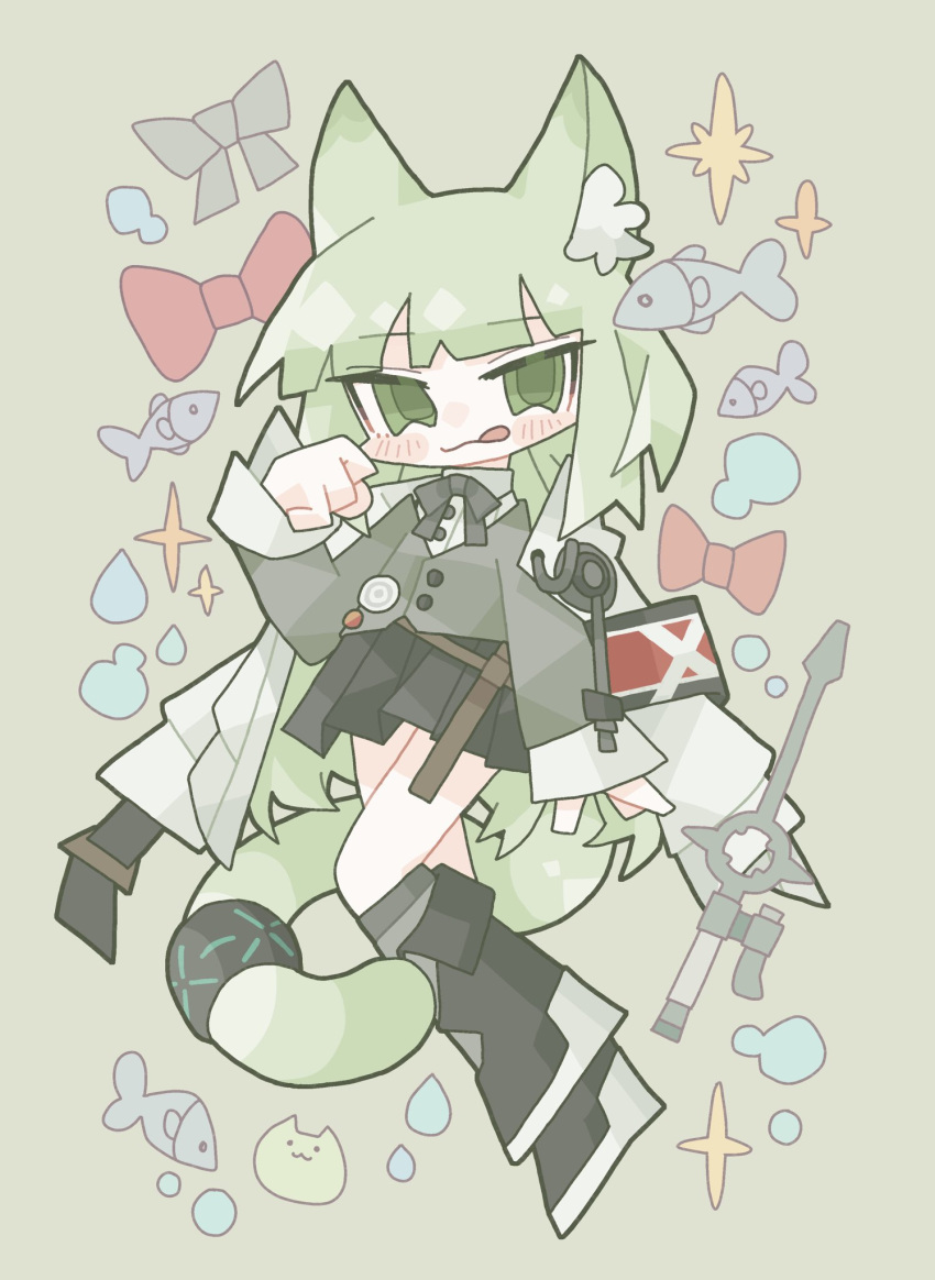 1girl :q animal_ear_fluff animal_ears arknights armband black_footwear black_skirt blush boots bow bowtie bubble cat cat_ears cat_girl cat_tail chibi coat coat_on_shoulders commentary fish full_body green_eyes green_hair grey_bow grey_bowtie grey_sweater hand_up harmonie_(arknights) highres infection_monitor_(arknights) kdmr0402 knee_boots long_hair paw_pose pleated_skirt red_bow simple_background skirt solo sparkle staff sweater sweater_vest symbol-only_commentary tail tongue tongue_out water_drop white_coat yellow_background