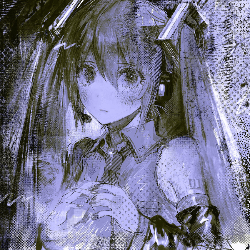 1girl blush breast_pocket closed_mouth collared_shirt commentary detached_sleeves dot_nose eyelashes fingernails frown hair_between_eyes hatsune_miku headset highres long_hair monochrome number_tattoo pocket shirt shoulder_tattoo solo tattoo twintails upper_body vocaloid yatatashira