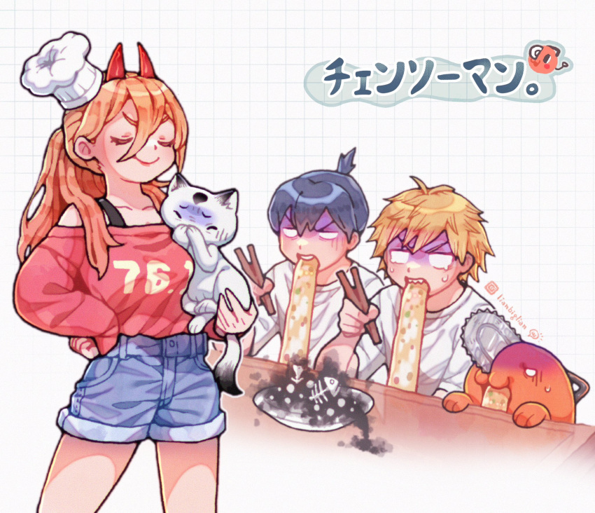 1girl 2boys animal artist_name black_hair blank_eyes blonde_hair brown_hair cat chainsaw chainsaw_man chef_hat chopsticks closed_eyes covering_mouth denim denim_shorts denji_(chainsaw_man) disgust fish_bone grid_background hair_between_eyes hat hayakawa_aki highres holding holding_animal holding_cat holding_chopsticks horns instagram_logo lianbiglian long_hair looking_at_another meowy_(chainsaw_man) multiple_boys off-shoulder_sweater off_shoulder pink_sweater pochita_(chainsaw_man) power_(chainsaw_man) red_horns shaded_face short_hair shorts sweater sweater_tucked_in topknot turn_pale vomiting white_background white_cat