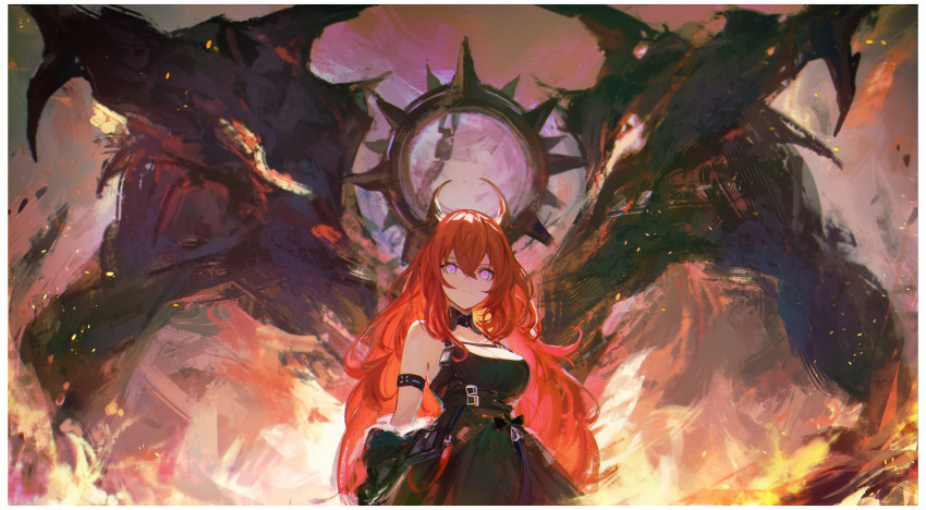 1girl absurdres arknights bare_shoulders black_dress border breasts closed_mouth commentary cowboy_shot detached_collar dress hair_between_eyes highres horns koko_sasuwo large_breasts long_hair looking_at_viewer looking_down redhead solo surtr_(arknights) violet_eyes white_border