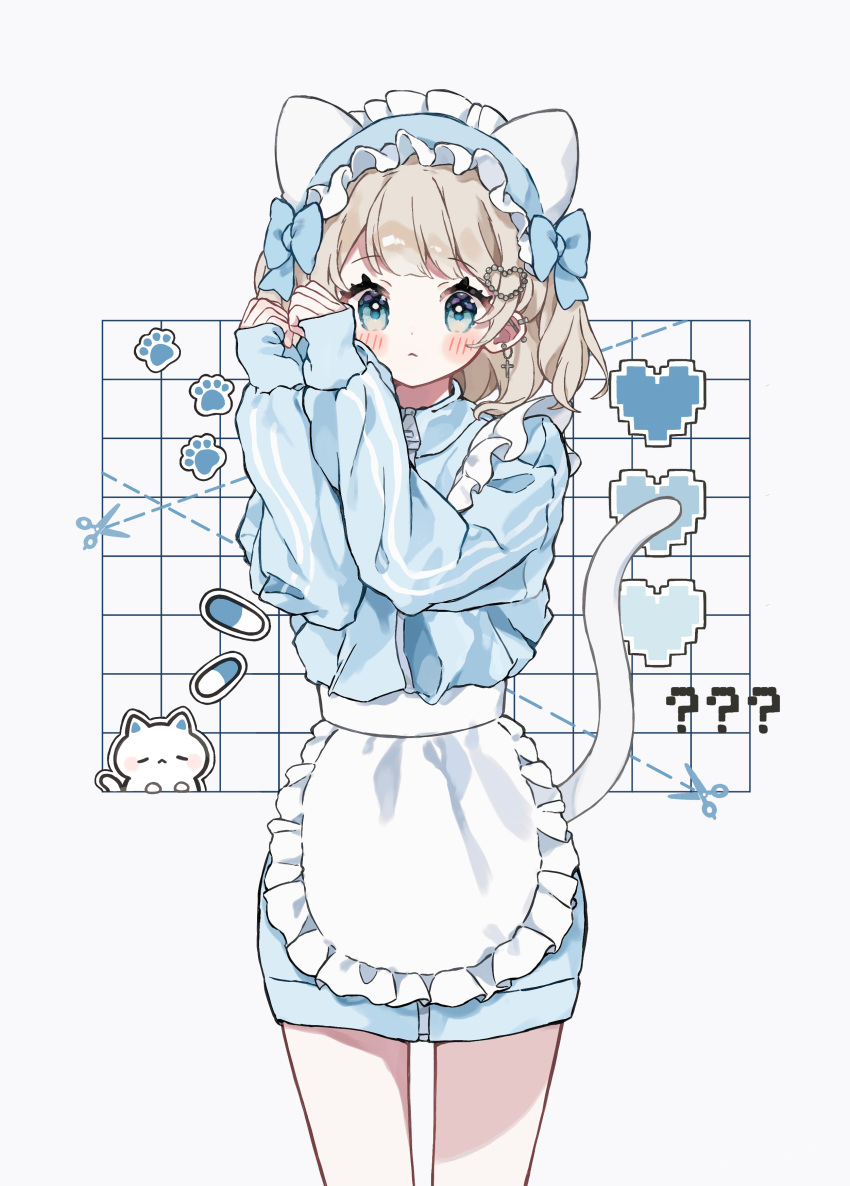 1girl ? ?? absurdres animal_ears apron blue_eyes blue_jacket blush cat_ears cat_girl cat_tail closed_mouth commentary cowboy_shot cross cross_earrings earrings english_commentary frilled_apron frills grey_hair hair_ornament hands_up heart heart_hair_ornament highres jacket jersey_maid jewelry long_sleeves looking_at_viewer maid maid_headdress napo_(napo_illust) original own_hands_together pill short_hair sleeves_past_wrists solo standing tail track_jacket unconventional_maid waist_apron white_apron white_background