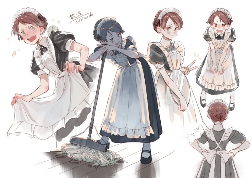 1girl absurdres adjusting_apron adjusting_clothes alternate_costume apron black_dress black_footwear blush brown_eyes brown_hair cosmic_(crownclowncosmic) dress enmaided frilled_apron frills highres holding holding_tray kantai_collection leaning_forward looking_at_viewer maid maid_apron maid_headdress mop multiple_views open_mouth pantyhose shikinami_(kancolle) shoes short_sleeves simple_background standing tray v white_background white_pantyhose