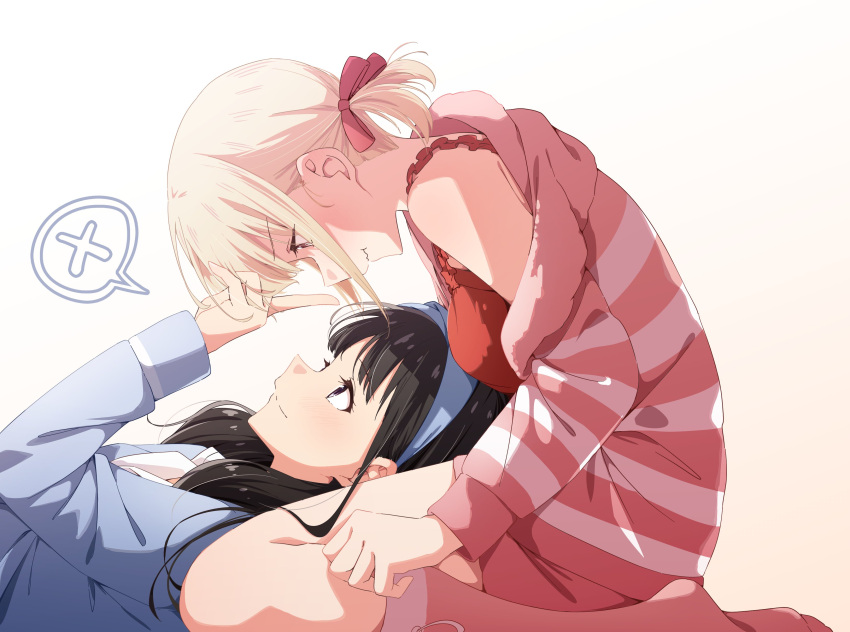 2girls absurdres bare_shoulders black_hair blonde_hair blush breasts camisole closed_mouth commentary_request eye_contact from_side hair_ribbon highres inoue_takina kneehighs long_hair looking_at_another lycoris_recoil medium_breasts multiple_girls musihara neck_ribbon nishikino_maki pink_socks profile red_camisole red_ribbon ribbon short_hair short_twintails sidelocks simple_background single_off_shoulder sitting socks twintails wariza wavy_mouth white_background yuri