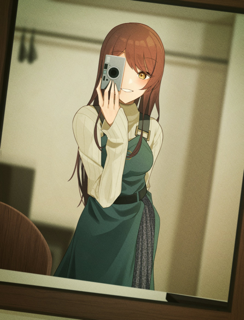 1girl animal_print blush camera commentary dress green_dress grey_skirt highres holding holding_camera idolmaster idolmaster_shiny_colors leopard_print long_hair long_sleeves looking_at_viewer mirror odecono3 open_mouth osaki_amana redhead reflection ribbed_sweater selfie side_slit skirt skirt_under_dress smile solo sweater swept_bangs taking_picture teeth turtleneck turtleneck_sweater white_sweater yellow_eyes