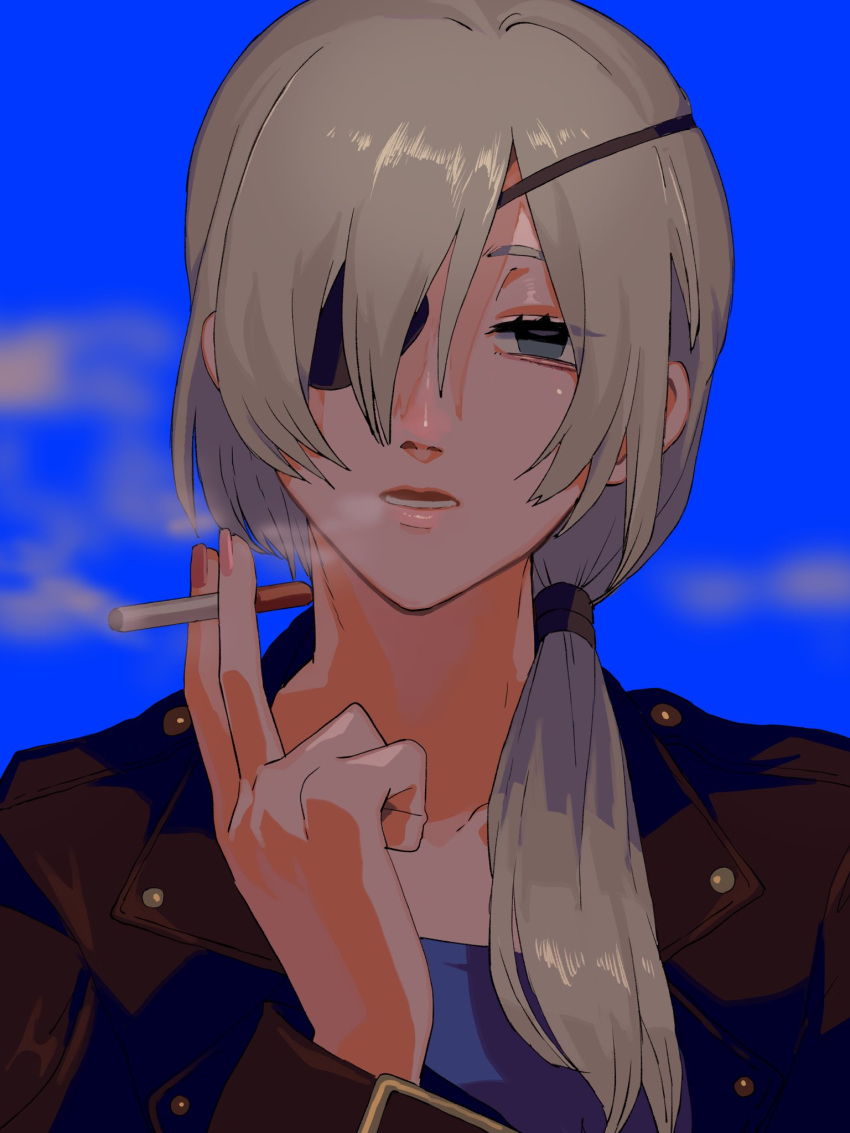 1girl black_jacket blue_background chainsaw_man cigarette eyepatch grey_hair hair_over_shoulder highres holding holding_cigarette jacket leather leather_jacket long_hair looking_at_viewer ponytail quanxi_(chainsaw_man) simple_background smoke smoking solo yumekaki787