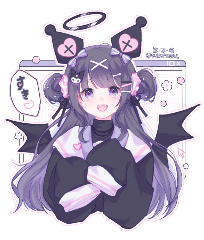 1girl animal_ears bat_wings black_hair black_ribbon black_sweater black_wings bone_hair_ornament bow character_hair_ornament cosplay cross english_commentary fake_animal_ears flower hair_bow hair_ornament hair_ribbon hair_scrunchie hairclip halo hands_up heart highres kuromi kuromi_(cosplay) long_hair long_sleeves looking_at_viewer open_mouth original pink_flower purple_bow ribbon sailor_collar sanrio scrunchie sleeves_past_fingers sleeves_past_wrists smile speech_bubble striped striped_bow sweater teeth turtleneck twitter_username two_side_up upper_body upper_teeth_only very_long_hair violet_eyes white_background white_flower white_sailor_collar window_(computing) wings yukomeow