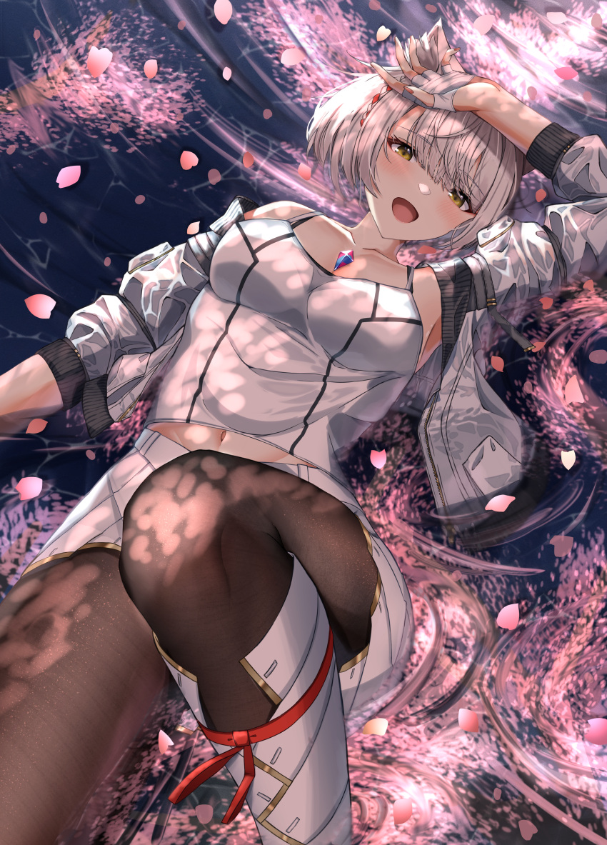 1girl absurdres animal_ears arm_up blush boots braid breasts camisole cat_ears cherry_blossoms chest_jewel core_crystal_(xenoblade) enoha fingerless_gloves footwear_ribbon gloves grey_hair hand_on_own_head highres jacket leg_up looking_at_viewer lying lying_on_water medium_breasts mio_(xenoblade) navel on_back open_mouth pantyhose pleated_skirt reflection ripples short_hair shoulder_strap skirt smile solo tank_top water white_camisole white_jacket white_tank_top xenoblade_chronicles_(series) xenoblade_chronicles_3 yellow_eyes