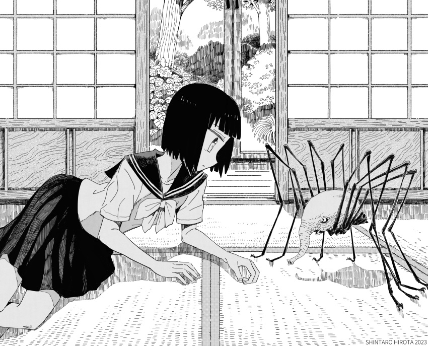 1girl aremoyou arm_support blunt_bangs bob_cut bow bowtie bug commentary creature feet_out_of_frame flower from_side greyscale hatching_(texture) highres hydrangea indoors looking_at_creature lying monochrome multiple_legs on_floor on_side open_door original pleated_skirt profile school_uniform serafuku shadow short_hair short_sleeves shouji skirt sliding_doors solo tatami