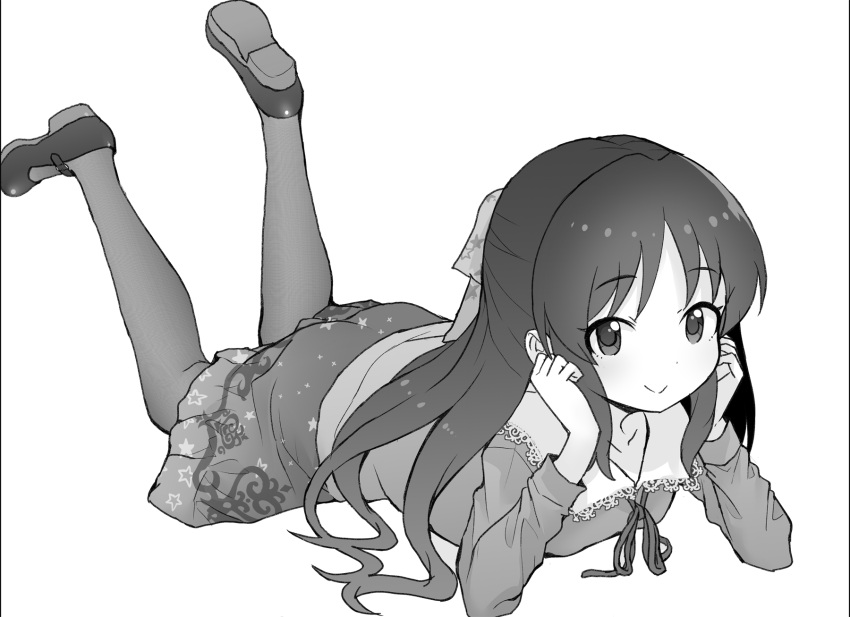 1girl breasts collarbone feet_up greyscale half_updo hands_on_own_cheeks hands_on_own_face highres idolmaster idolmaster_cinderella_girls lace-trimmed_collar lace-trimmed_sailor_collar lace_trim long_hair looking_at_viewer lying mary_janes monochrome neck_ribbon on_stomach ookamiuo pantyhose ribbon shoes simple_background small_breasts smile solo tachibana_arisu the_pose very_long_hair white_background