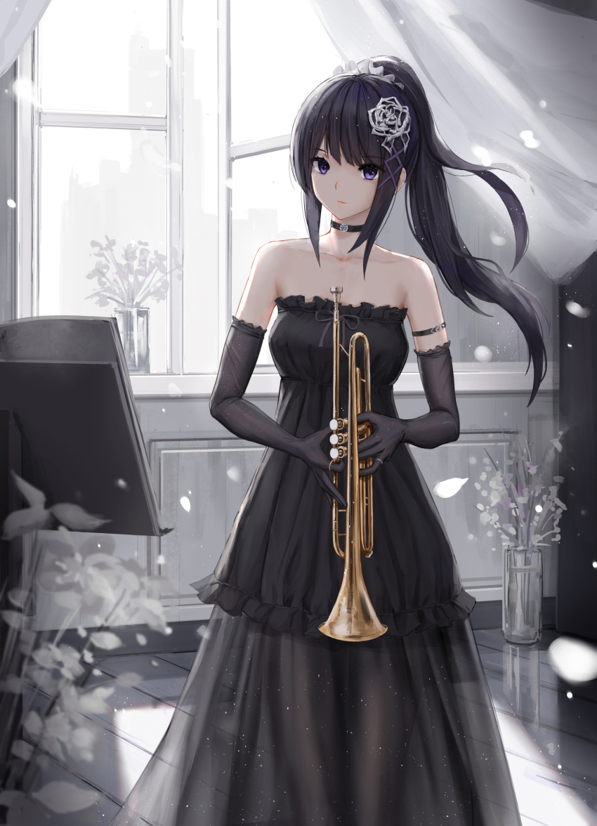 1girl arm_strap bare_shoulders black_choker black_dress breasts choker closed_mouth curtains dress elbow_gloves falling_petals floating_hair flower gloves hair_ornament hibike!_euphonium high_ponytail highres holding holding_instrument indoors instrument kousaka_reina long_hair looking_at_viewer music_stand off-shoulder_dress off_shoulder open_window petals ponytail solo trumpet vase violet_eyes white_flower window yuzuriha_(atelier_liang)