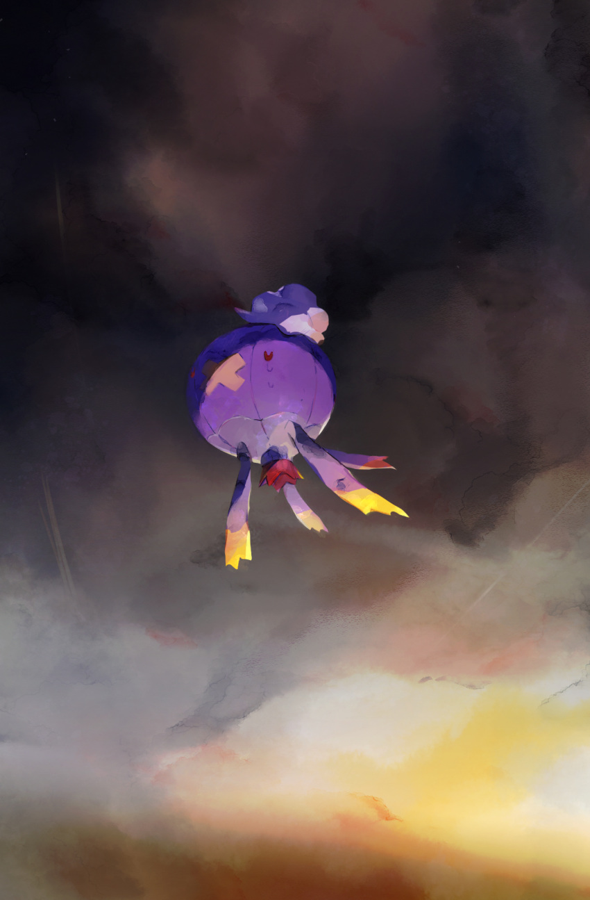 clouds cloudy_sky commentary_request crying drifblim flying from_below full_body highres mimura_(nnnnnnnnmoo) no_humans outdoors pokemon pokemon_(creature) red_eyes sky solo tears