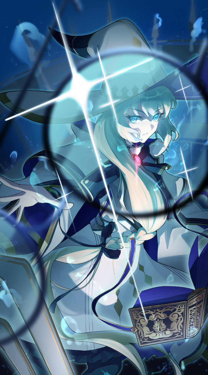 1girl absurdres blonde_hair blue_eyes blurry blurry_foreground book braid eyewear_removed fate/grand_order fate_(series) feibai glasses hat highres long_hair robe side_braid tonelico_(fate) white_robe witch_hat
