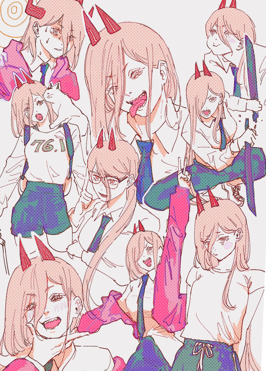1girl animal_on_shoulder arm_up arms_behind_back backpack bag black_necktie cat cat_on_shoulder chainsaw_man collared_shirt cross-shaped_pupils dolphin_shorts dual_wielding extra_horns glasses hair_between_eyes hair_over_one_eye hair_over_shoulder halftone_texture highres holding holding_knife hood hoodie horns knife long_hair looking_at_another looking_at_viewer looking_to_the_side meowy_(chainsaw_man) necktie nervous open_mouth ponytail power_(chainsaw_man) puffy_cheeks red_hoodie red_horns sharp_teeth shirt shirt_tucked_in shorts simple_background smile squatting sweat symbol-shaped_pupils teeth tongue tongue_out v white_background white_cat white_shirt zemzk