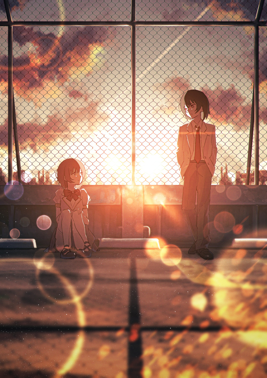1boy 1girl absurdres against_fence black_footwear black_hair blazer bow bowtie brown_hair chain-link_fence clouds cloudy_sky contrail evening fence grey_jacket grey_pants hair_between_eyes hand_on_own_knee hands_in_pockets highres jacket knees_to_chest lens_flare long_sleeves looking_at_another necktie oka_kojiro open_clothes open_jacket original outdoors pants puffy_short_sleeves puffy_sleeves red_bow red_bowtie red_eyes red_necktie rooftop scenery shadow shirt short_hair short_sleeves sidelocks sitting sky standing sunset white_shirt